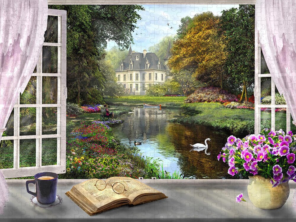 Cottage Jigsaw Puzzle featuring the digital art Window With a View by MGL Meiklejohn Graphics Licensing