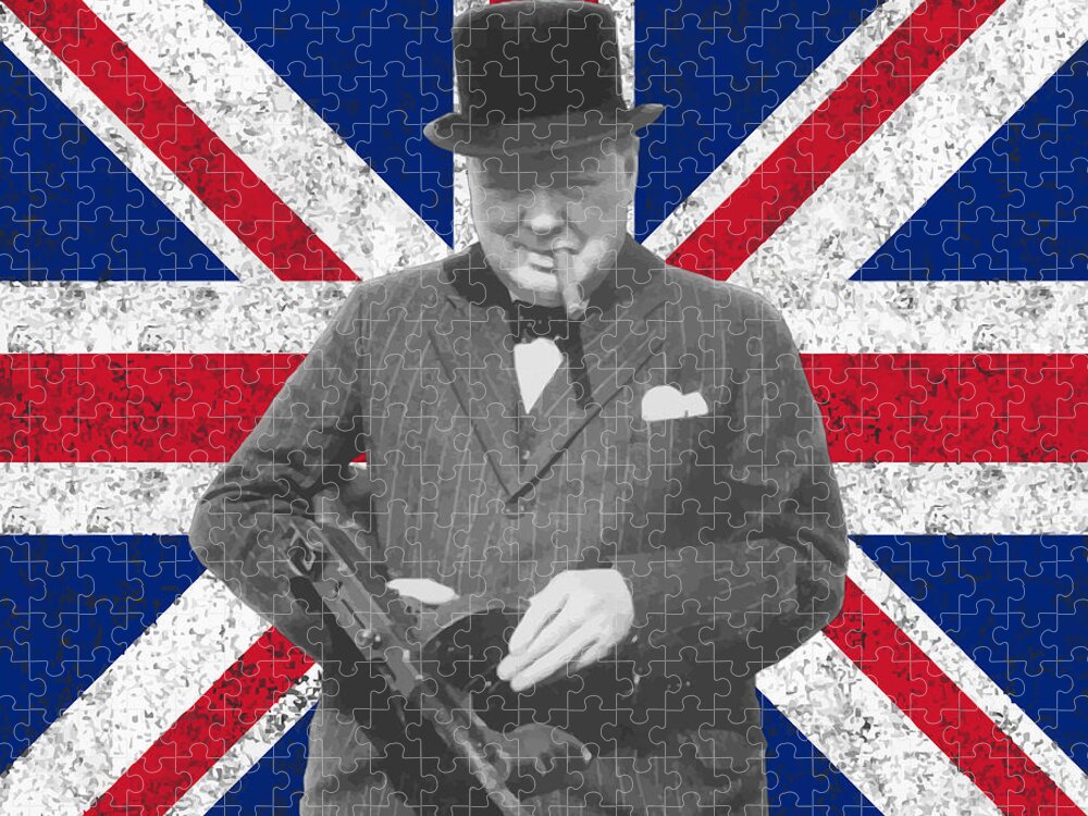 Winston Churchill Jigsaw Puzzle featuring the painting Winston Churchill and His Flag by War Is Hell Store