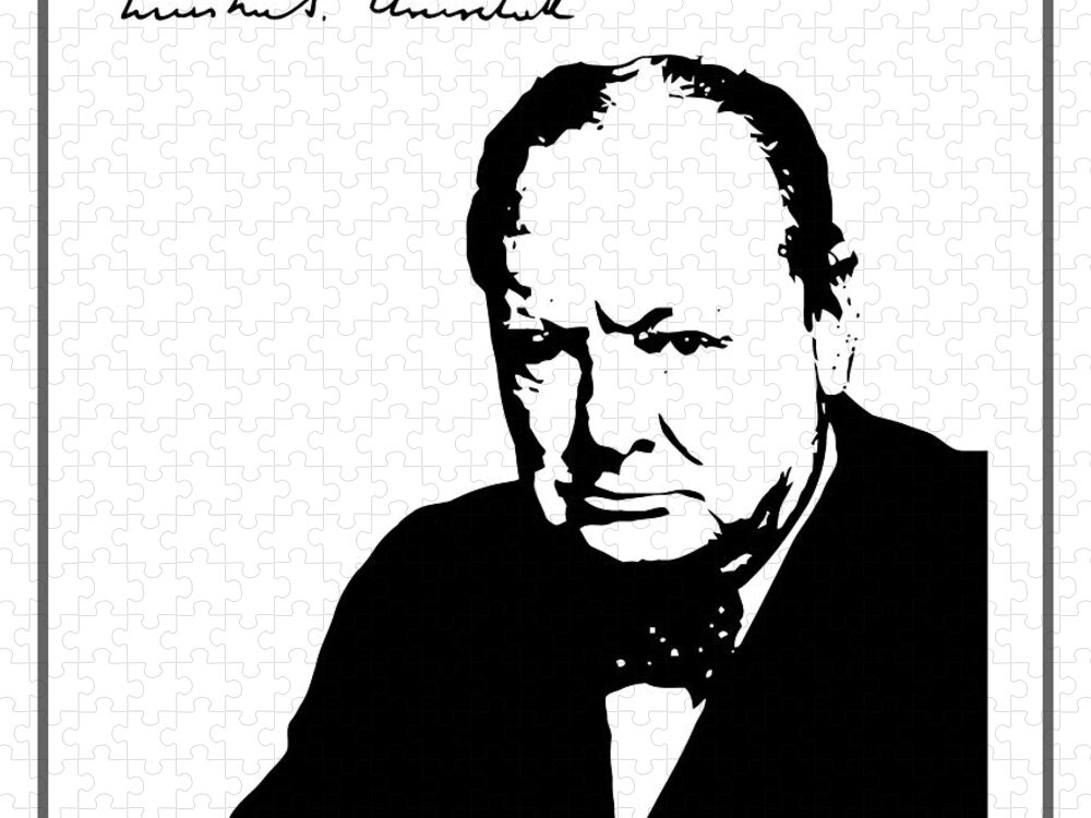 Vector Drawing Of The Silhouette Of Winston Churchill Jigsaw Puzzle featuring the digital art Winston Churchill silhouette signature by Heidi De Leeuw