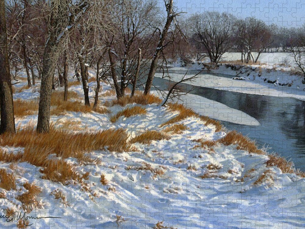 Landscape Jigsaw Puzzle featuring the drawing Winter Along the Little Sioux by Bruce Morrison