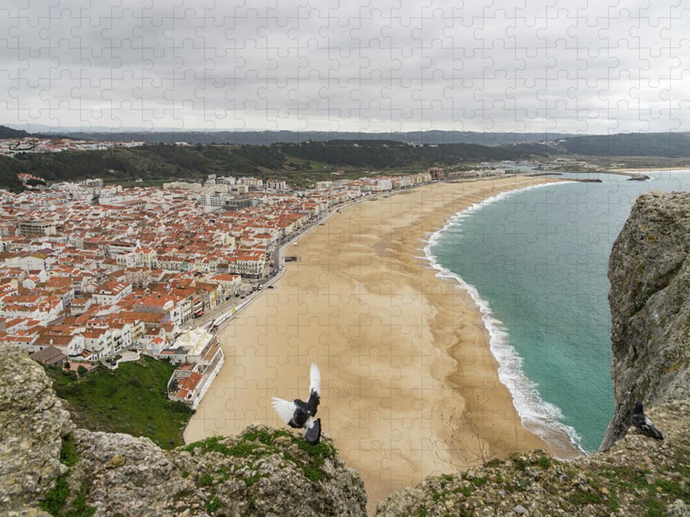 Nazare Portugal Jigsaw Puzzle featuring the photograph Winter Beach - Nazare Portugal from the Clifftops by Georgia Mizuleva