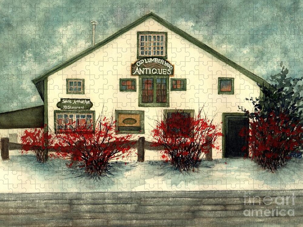 Lumberyard Antiques Jigsaw Puzzle featuring the painting Winter Berries - Old Lumberyard Antiques by Janine Riley