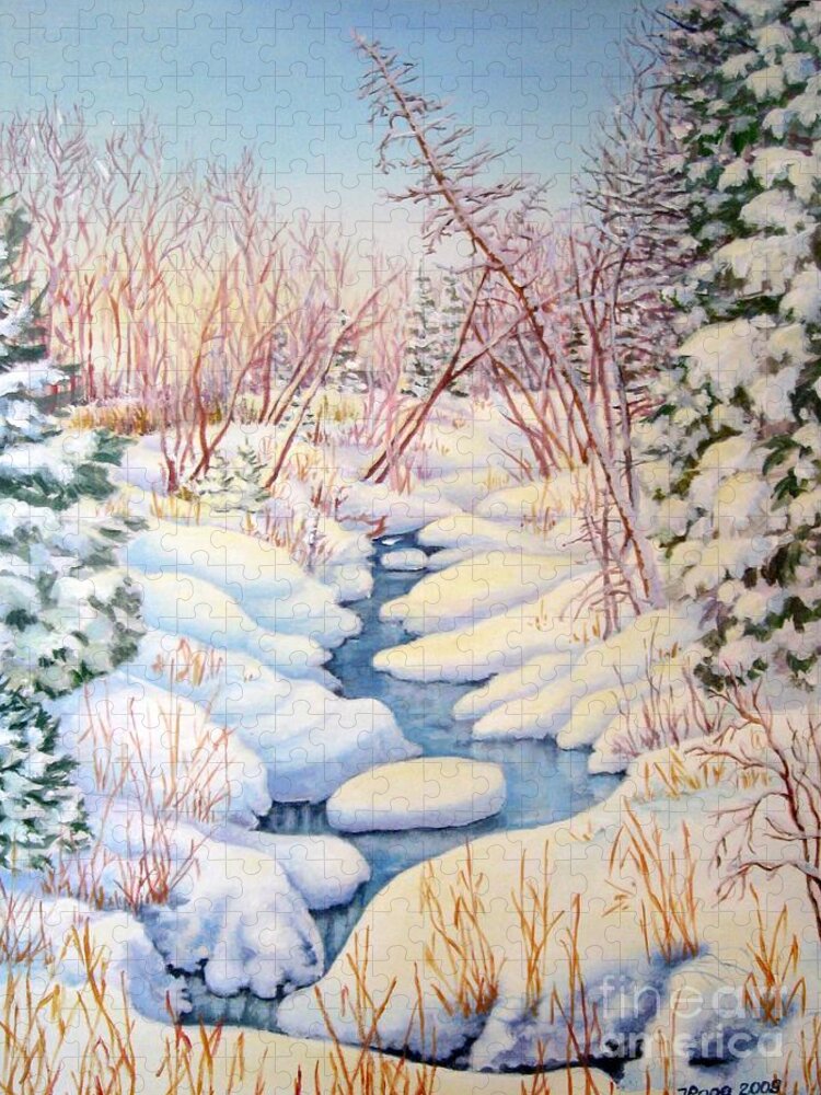 Winter Creek Jigsaw Puzzle featuring the painting Winter Creek 1 by Inese Poga