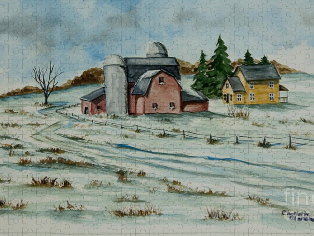 Winter Scene Paintings Jigsaw Puzzle featuring the painting Winter Down On The Farm by Charlotte Blanchard