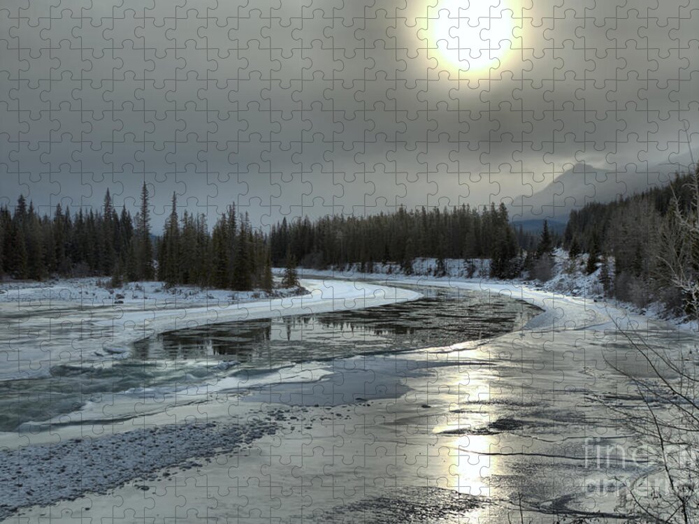 Jasper National Park Jigsaw Puzzle featuring the photograph Winter Sun Reflections Over The Athabasca by Adam Jewell