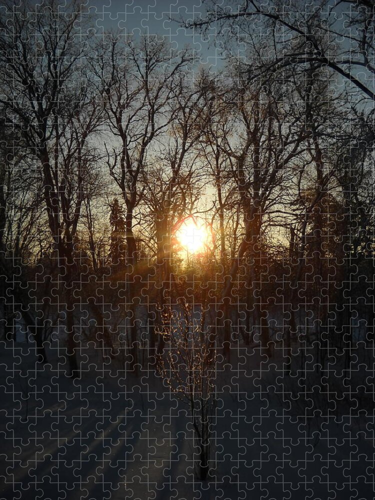 Winter Jigsaw Puzzle featuring the photograph Winter Sunrise Between Trees by Kent Lorentzen