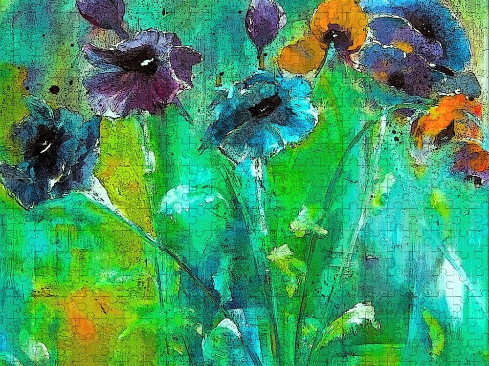 Green Jigsaw Puzzle featuring the digital art Winter Wind And Pansy Painting By Lisa Kaiser by Lisa Kaiser