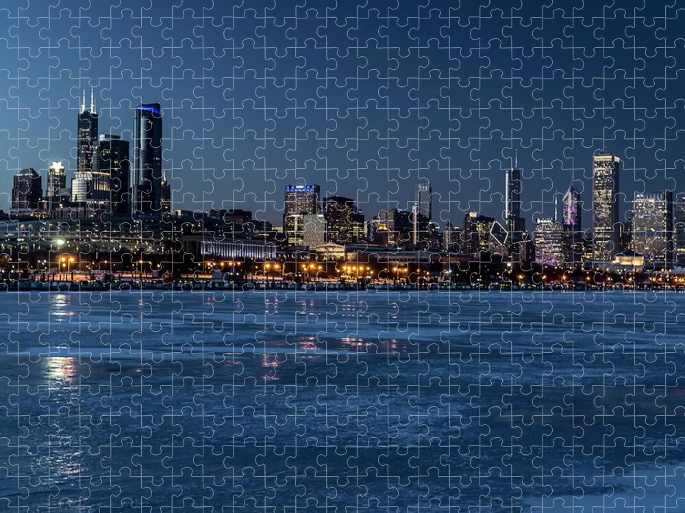 Chicago Skyline Jigsaw Puzzle featuring the photograph Wintry Chicago Skyline at dusk by Sven Brogren