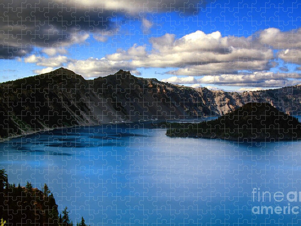 Rick Bures Jigsaw Puzzle featuring the photograph Wizard Island Stormy Sky- Crater Lake by Rick Bures
