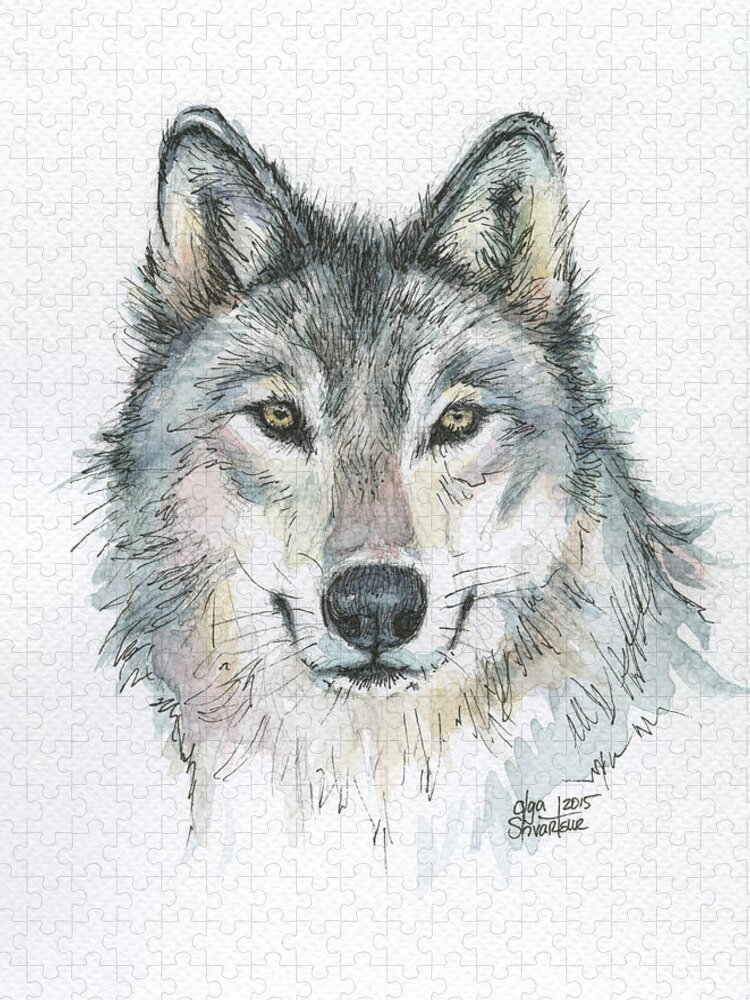 Watercolor Jigsaw Puzzle featuring the painting Wolf by Olga Shvartsur