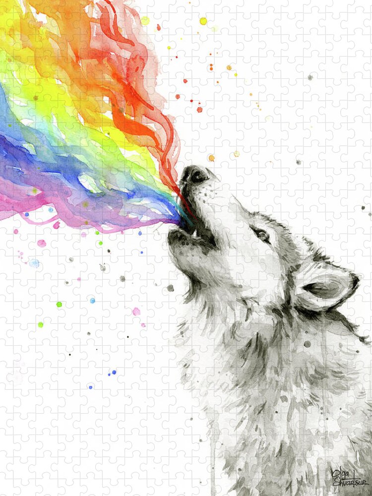 Watercolor Jigsaw Puzzle featuring the painting Wolf Rainbow Watercolor by Olga Shvartsur