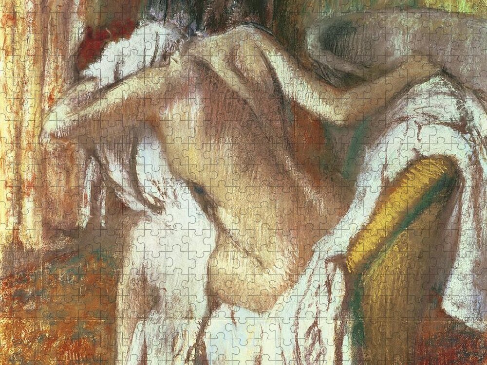 Woman Drying Herself Jigsaw Puzzle featuring the pastel Woman drying herself by Edgar Degas