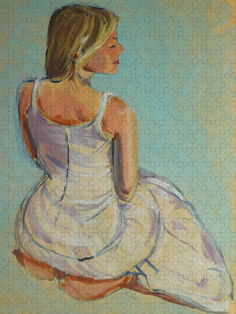 Woman In White Dress Jigsaw Puzzle featuring the painting Woman In White Dress Kneeling by Mike Jory