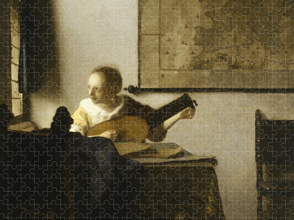 Jan Vermeer Jigsaw Puzzle featuring the painting Woman with a Lute near a Window by Jan Vermeer