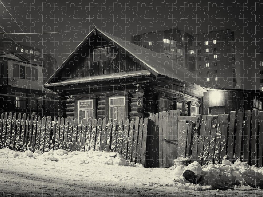 Night Jigsaw Puzzle featuring the photograph Wooden Village Home in Night Winter Snow by John Williams