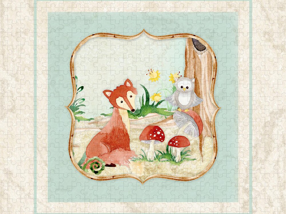 Red Fox Jigsaw Puzzle featuring the painting Woodland Fairy Tale - Fox Owl Mushroom Forest by Audrey Jeanne Roberts