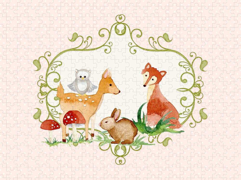 Woodland Jigsaw Puzzle featuring the painting Woodland Fairytale - Animals Deer Owl Fox Bunny n Mushrooms by Audrey Jeanne Roberts