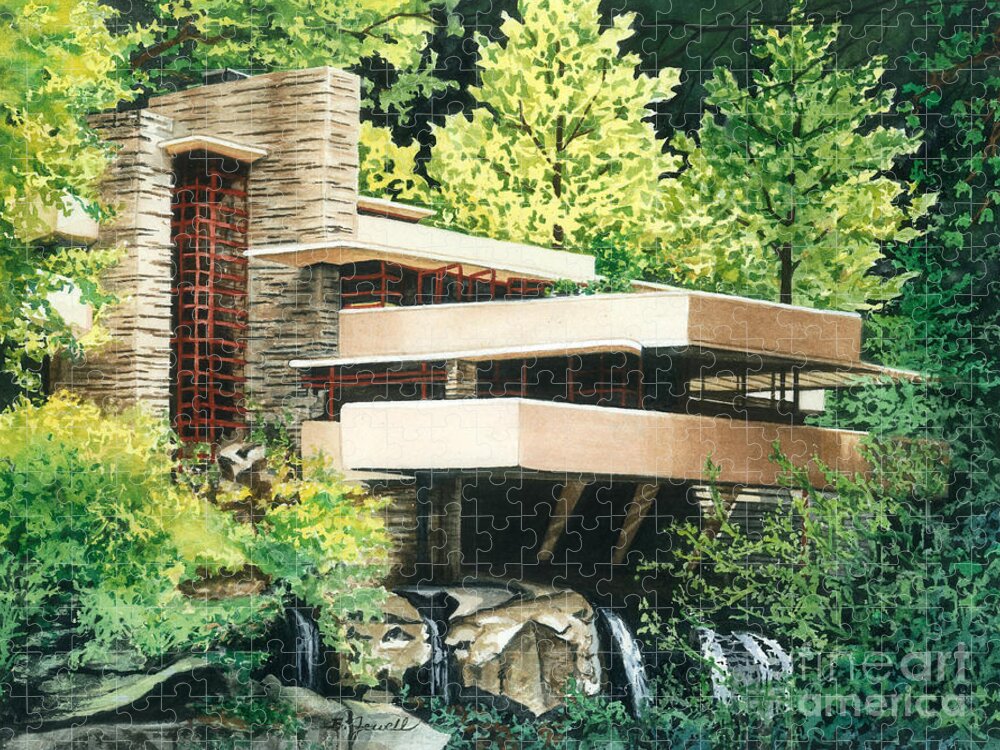 Watercolor Trees Jigsaw Puzzle featuring the painting Fallingwater-a Woodland Retreat by Frank Lloyd Wright by Barbara Jewell