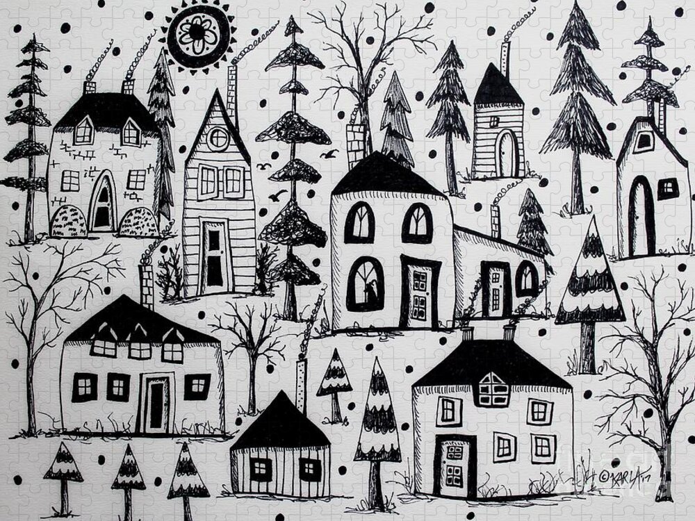 Houses Drawing Jigsaw Puzzle featuring the drawing Woodsy Village by Karla Gerard