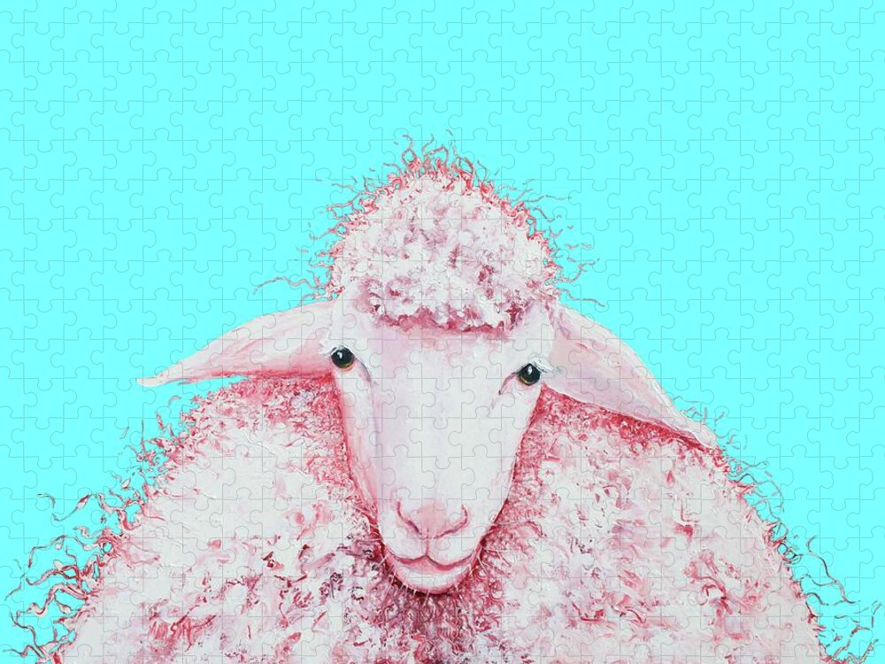 Sheep Jigsaw Puzzle featuring the painting Woolly sheep on turquoise by Jan Matson