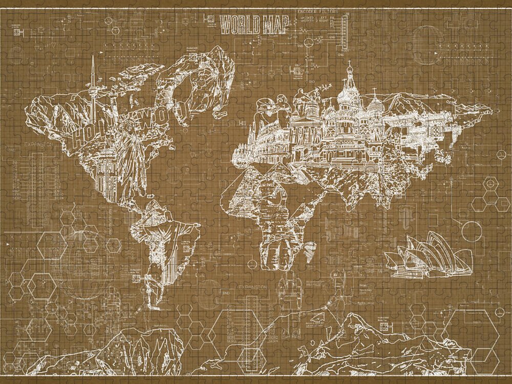Map Of The World Jigsaw Puzzle featuring the digital art World Map Blueprint 4 by Bekim M