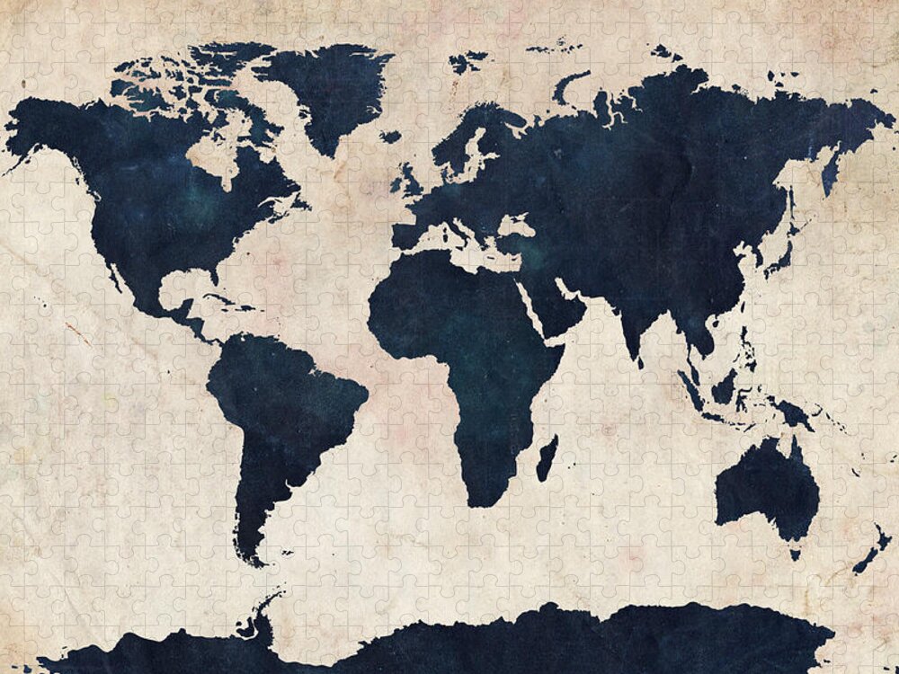 Map Of The World Jigsaw Puzzle featuring the digital art World Map Distressed Navy by Michael Tompsett