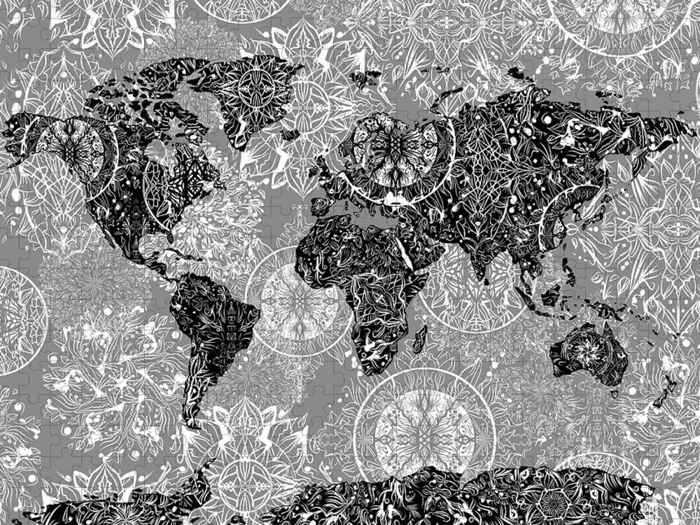 Map Of The World Jigsaw Puzzle featuring the digital art World Map Mandala Grey by Bekim M