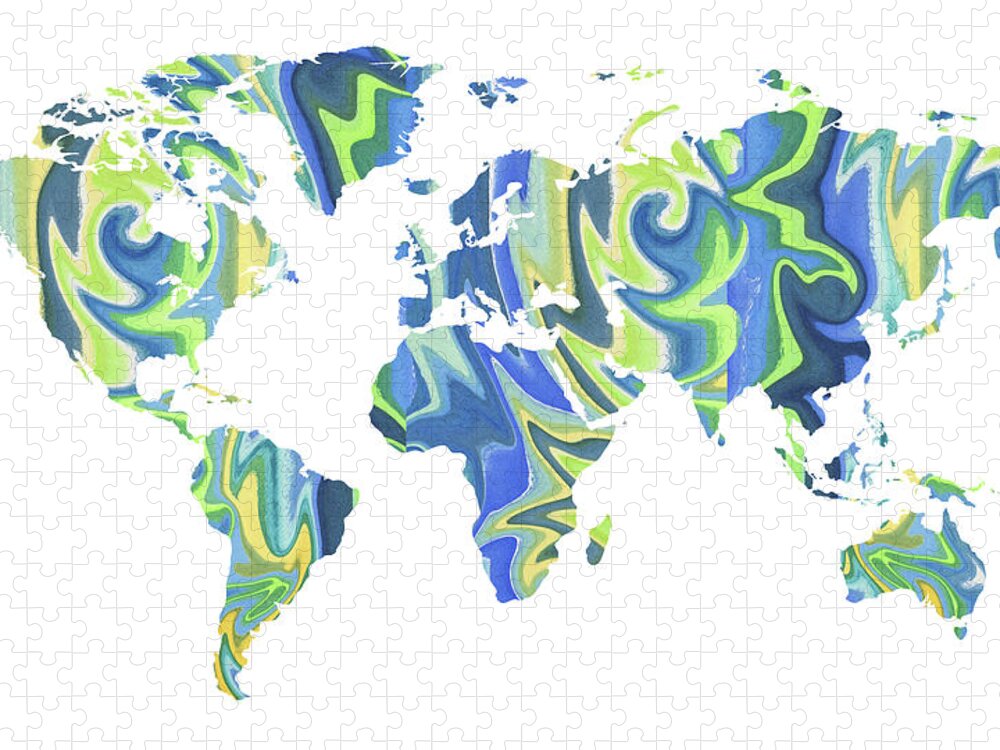 World Jigsaw Puzzle featuring the painting World Map Organic Blue by Irina Sztukowski
