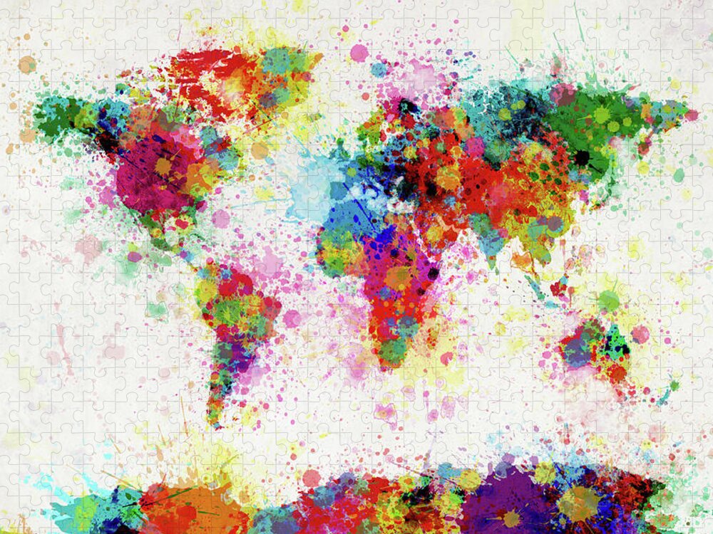 World Map Paint Splashes Puzzle featuring the digital art World Map Paint Drop by Michael Tompsett