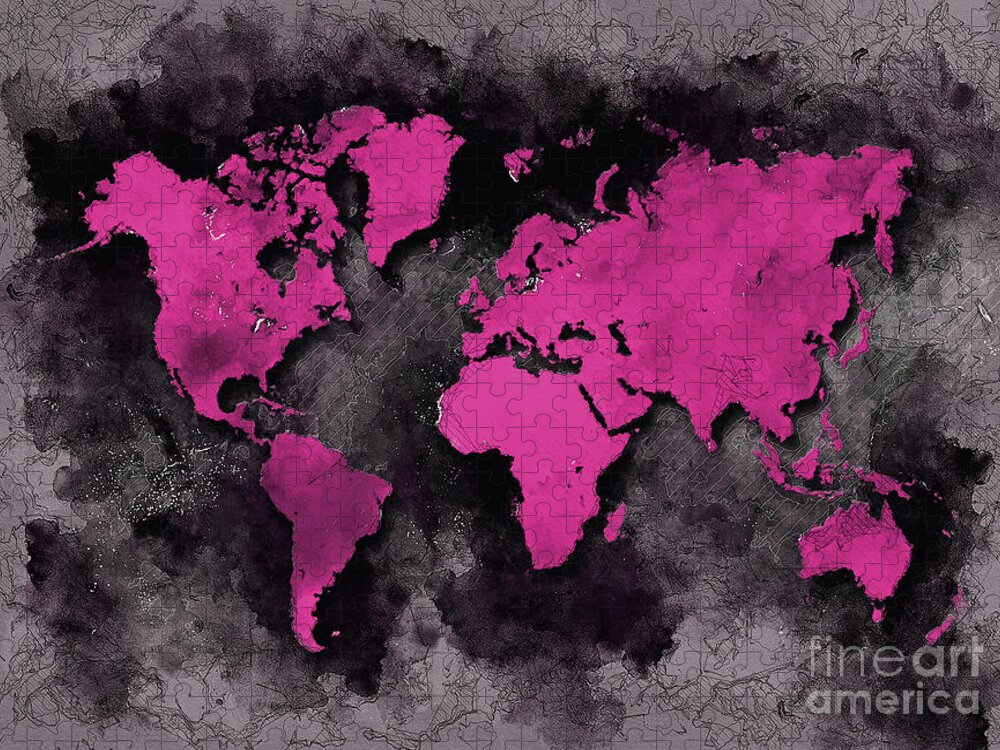 Map Of The World Jigsaw Puzzle featuring the digital art World Map Purple Black by Justyna Jaszke JBJart