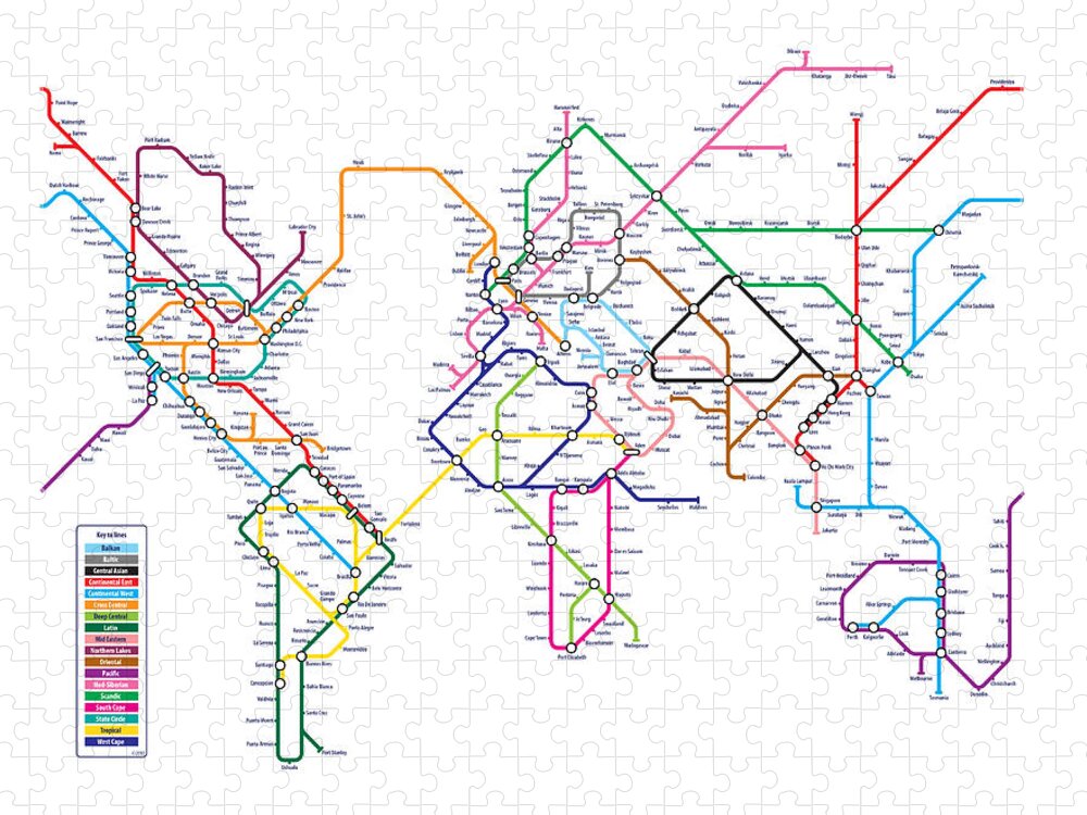 World Map Puzzle featuring the digital art World Metro Map by Michael Tompsett