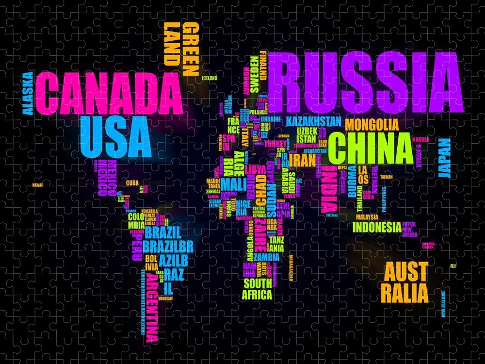 World Map Jigsaw Puzzle featuring the digital art World Text Map 16x20 by Michael Tompsett