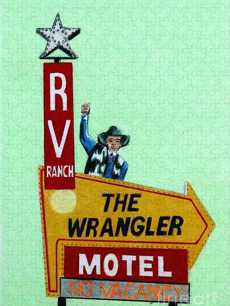 Vintage Jigsaw Puzzle featuring the drawing Wrangler Motel by Glenda Zuckerman