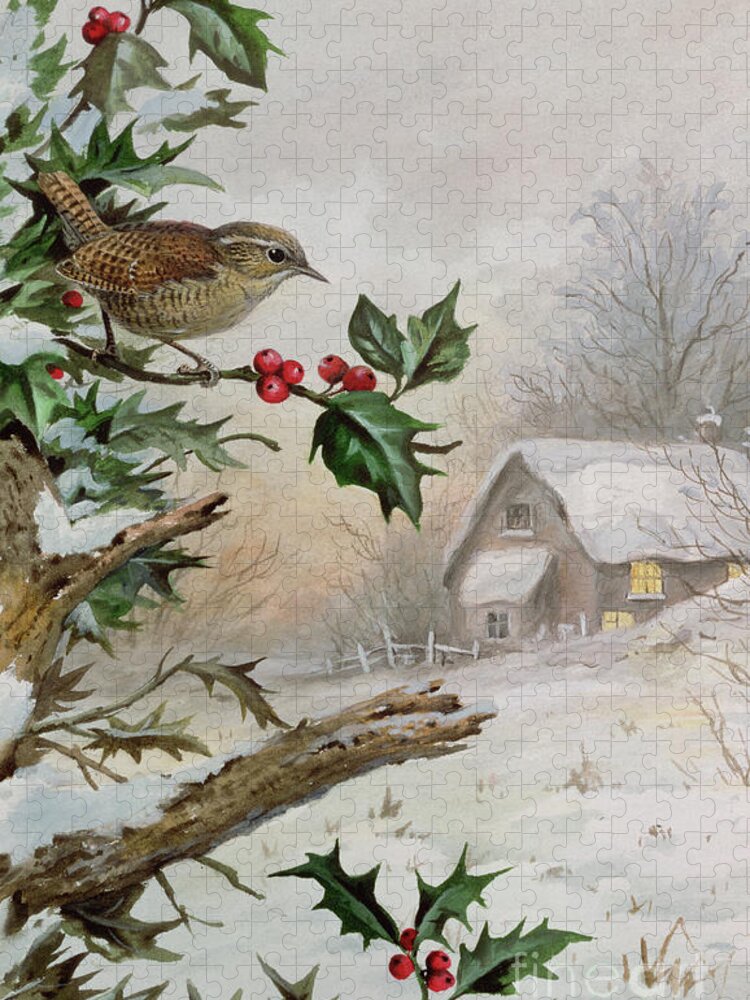 Holly Jigsaw Puzzle featuring the painting Wren in Hollybush by a cottage by Carl Donner