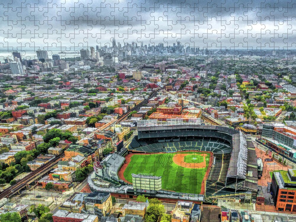 Chicago Jigsaw Puzzle featuring the painting Wrigley Field Chicago Skyline by Christopher Arndt