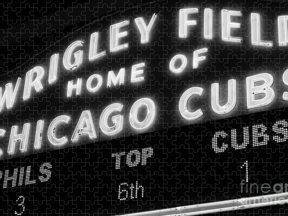 America Jigsaw Puzzle featuring the photograph Wrigley Field Sign Black and White Picture by Paul Velgos