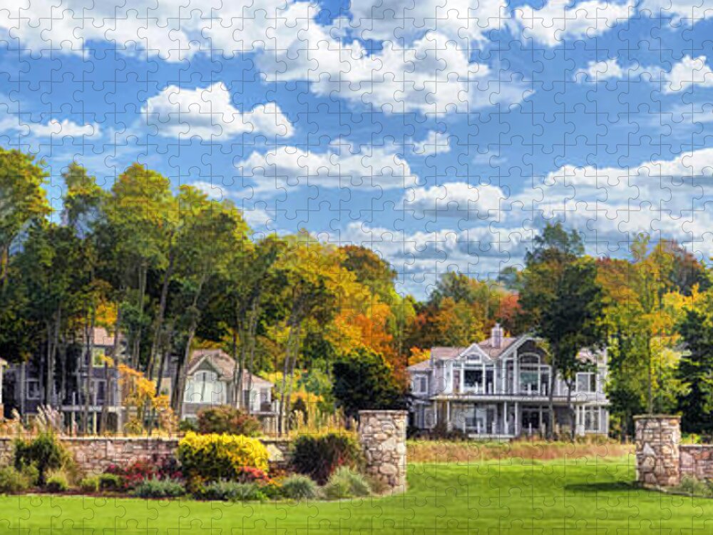 Door County Jigsaw Puzzle featuring the painting Yacht Harbor Shores Panorama by Christopher Arndt