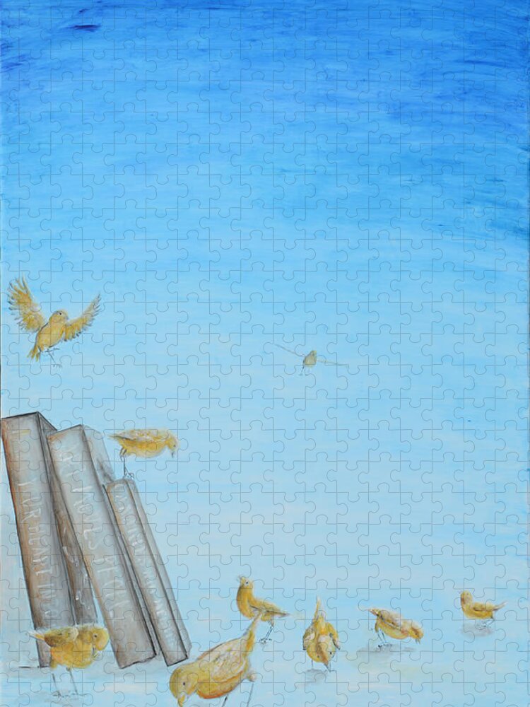 Canaries Jigsaw Puzzle featuring the painting Yellow Birds in the Blue3 by Nik Helbig