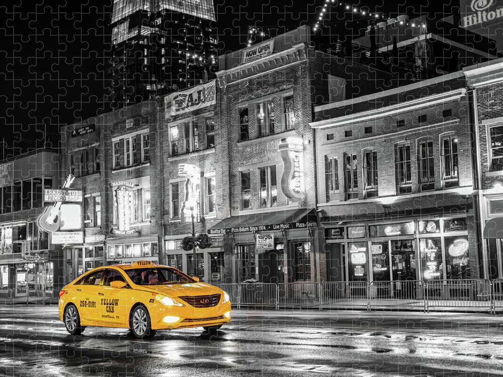Nashville Skyline Jigsaw Puzzle featuring the photograph Yellow Cab - Nashville Black and White by Gregory Ballos