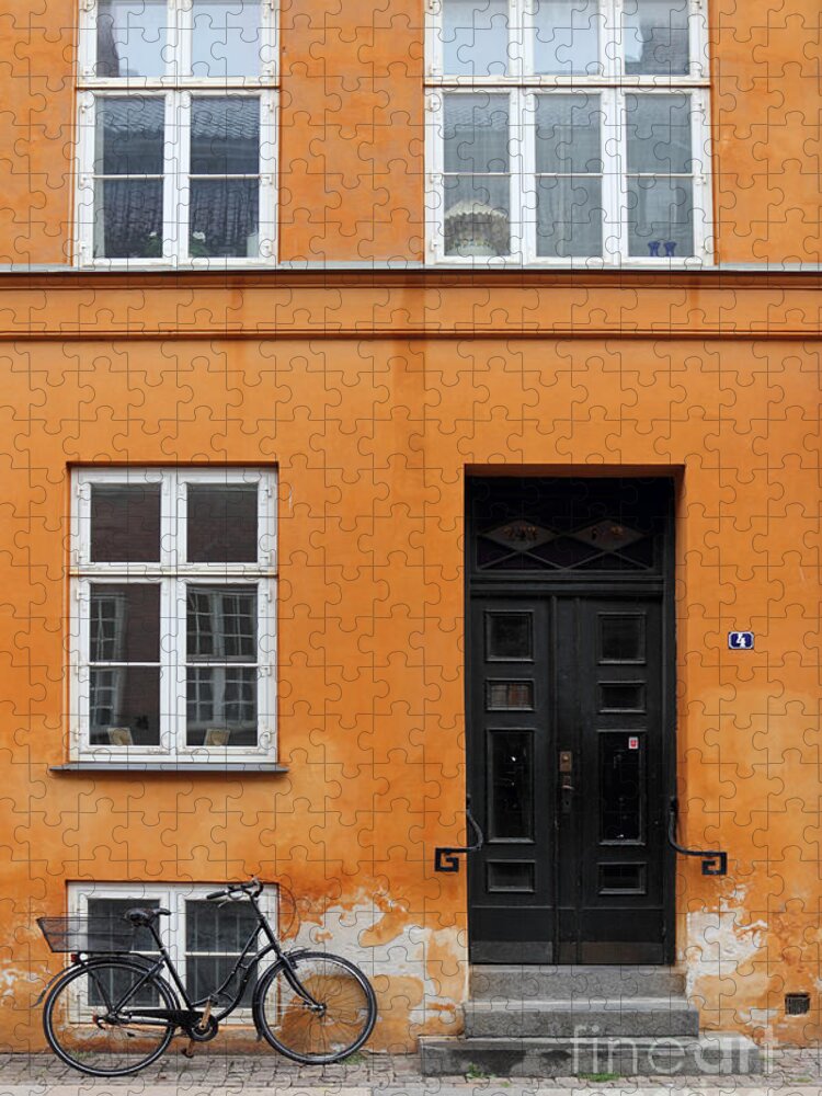 Copenhagen Denmark Yellow House Bike Orange Jigsaw Puzzle featuring the photograph The Orange House Copenhagen Denmark by Julia Gavin