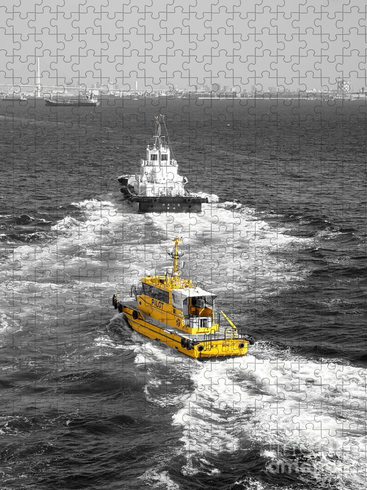 Seascape Jigsaw Puzzle featuring the photograph Yellow Pilot Yokohama Port by Susan Lafleur