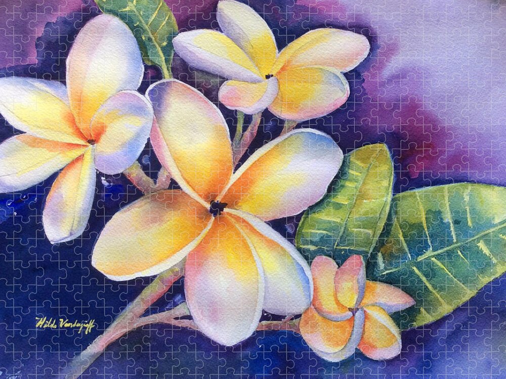 Yellow Plumeria Flowers Jigsaw Puzzle featuring the painting Yellow Plumeria Flowers by Hilda Vandergriff
