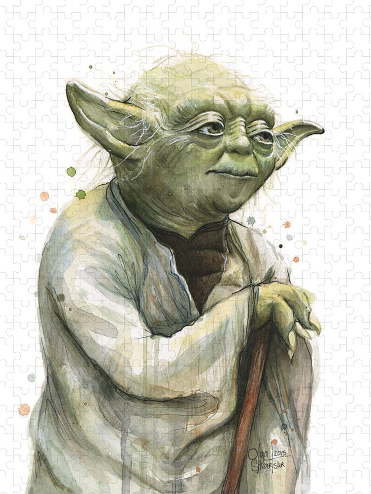 Yoda Jigsaw Puzzle featuring the painting Yoda Watercolor by Olga Shvartsur