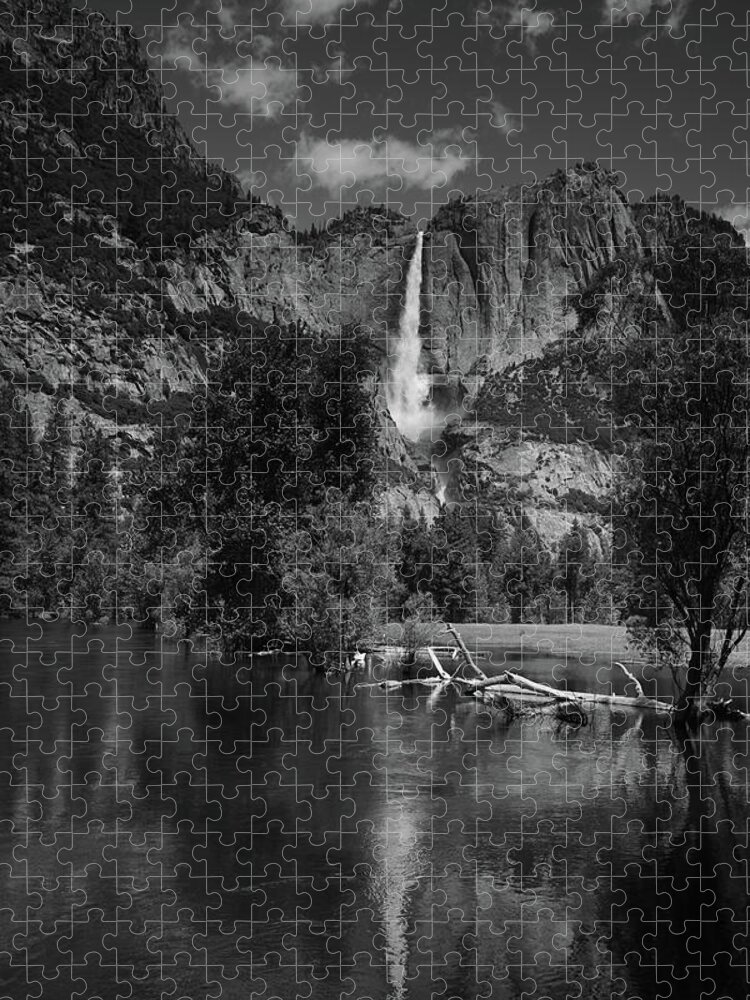 Yosemite Falls From Swinging Bridge Jigsaw Puzzle featuring the photograph Yosemite Falls from Swinging Bridge in Black and White by Raymond Salani III