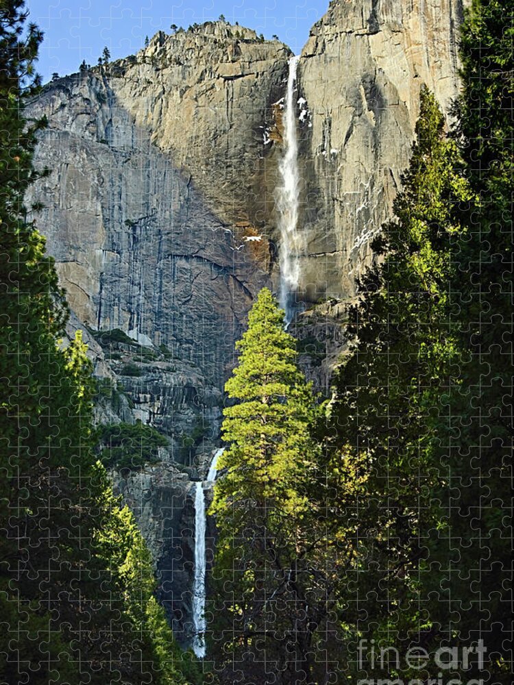 Yosemite Falls Jigsaw Puzzle featuring the photograph Yosemite Falls with late afternoon light in Yosemite National Park. by Jamie Pham