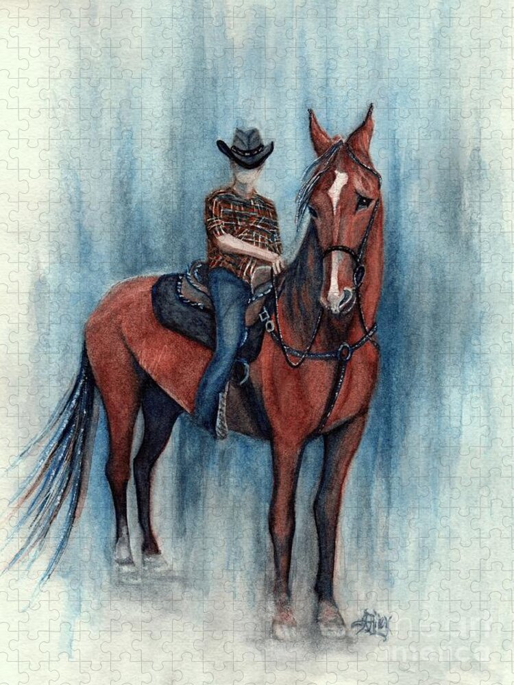 Cowboy Jigsaw Puzzle featuring the painting Young Cowboy on a Western Horse by Janine Riley