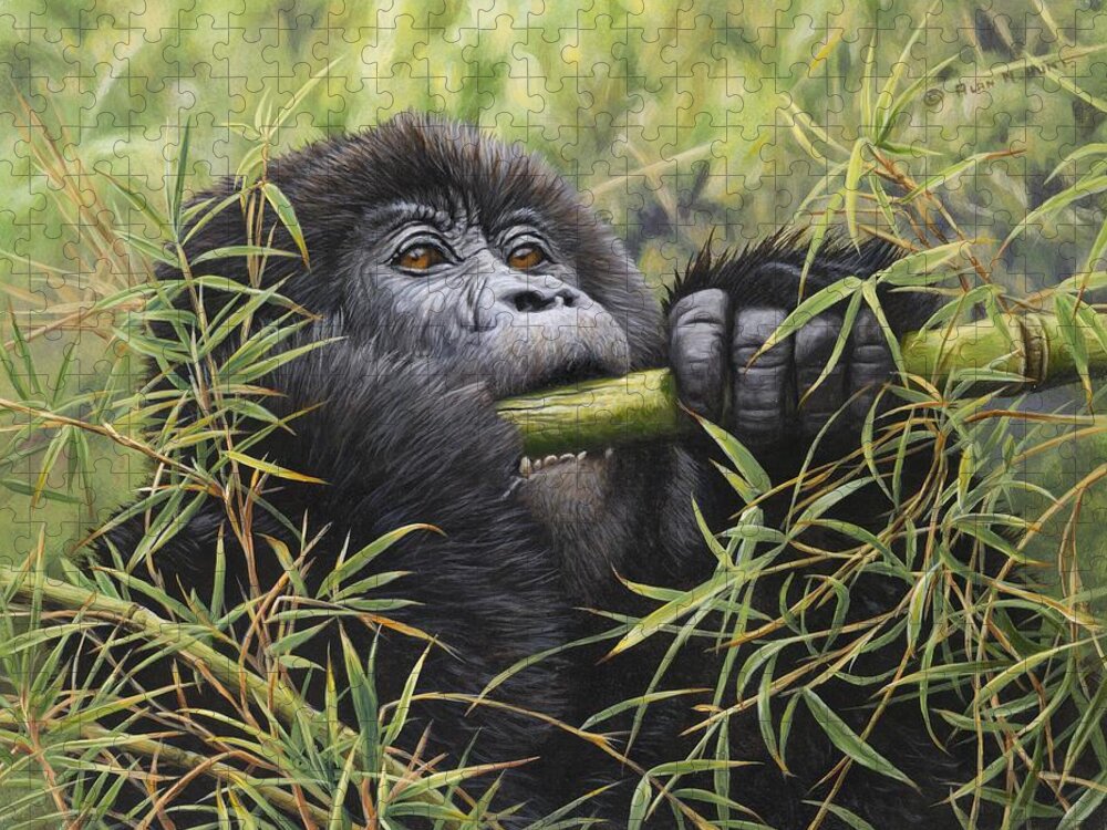 Wildlife Paintings Jigsaw Puzzle featuring the painting Young Mountain Gorilla by Alan M Hunt