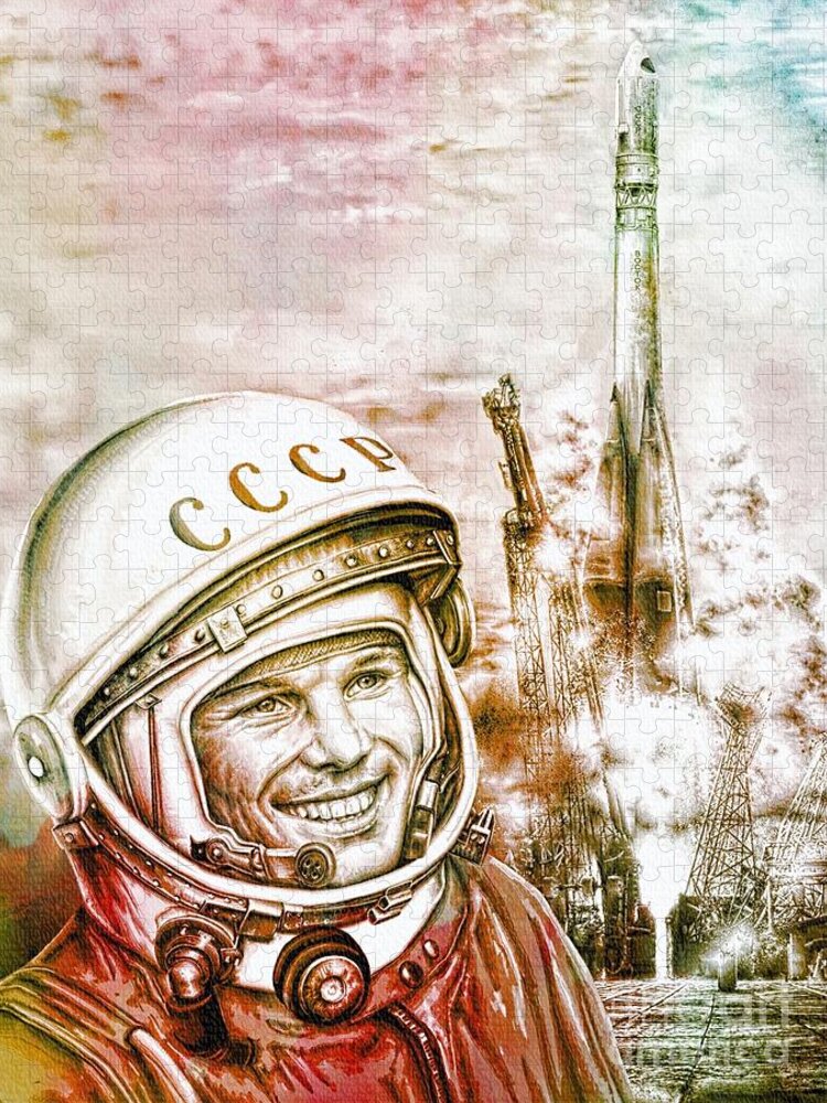 Yuri Gagarin Jigsaw Puzzle featuring the painting Yuri Gagarin - Cosmonaut 1961 Watercolor by Ian Gledhill