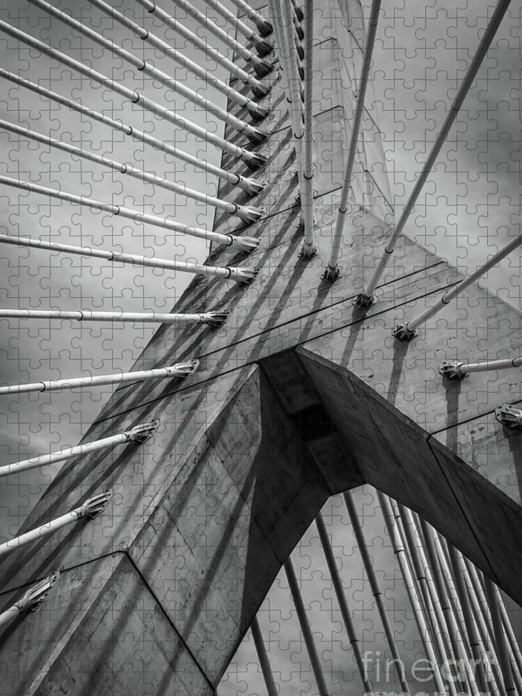 Urban Jigsaw Puzzle featuring the photograph Zakim Bridge in monochrome detail by Claudia M Photography