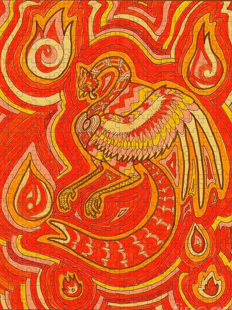 Phoenix Jigsaw Puzzle featuring the drawing Zen Phoenix by Wendy Coulson